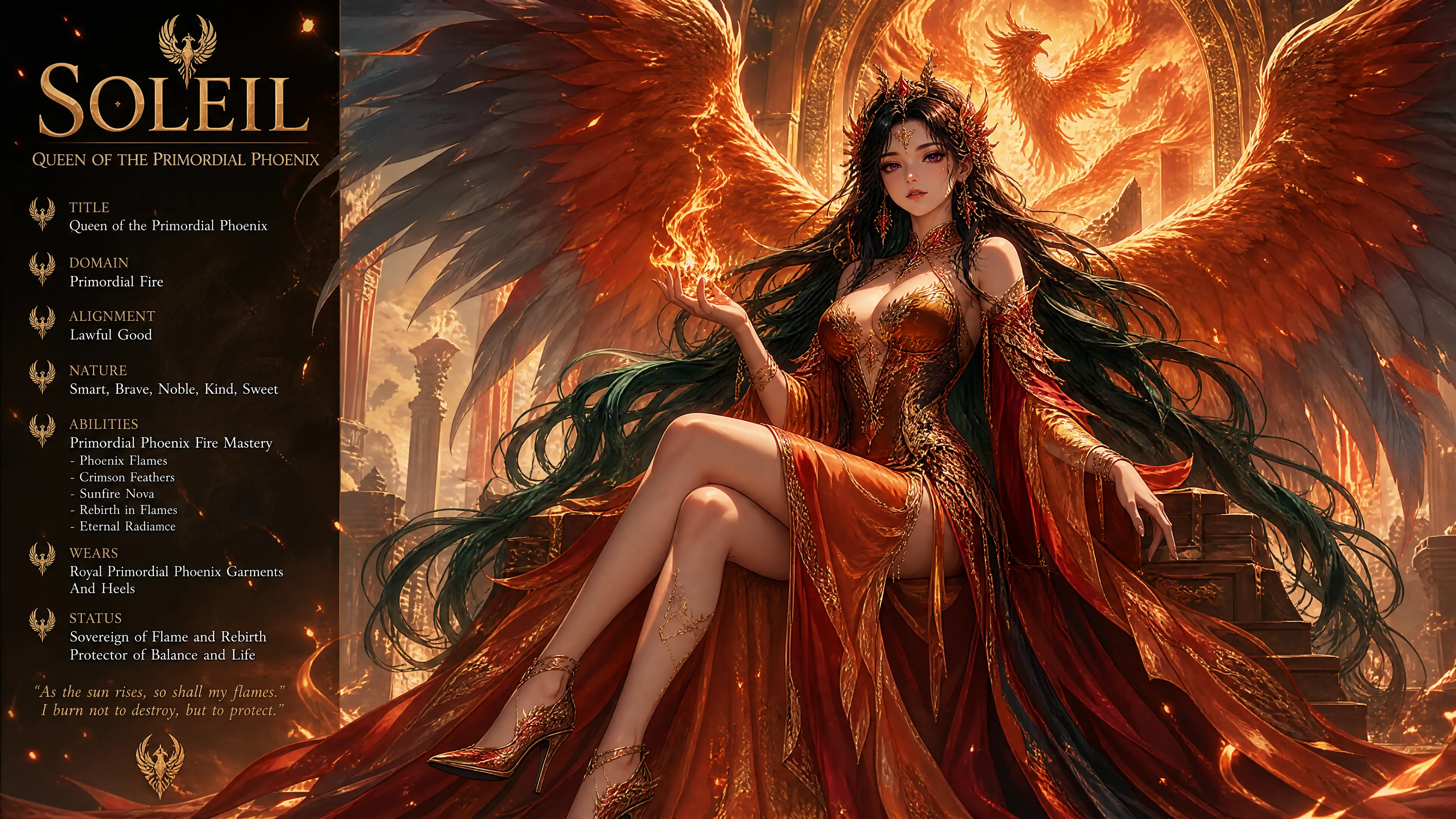 Phoenix queen with fiery wings and flowing dark hair
