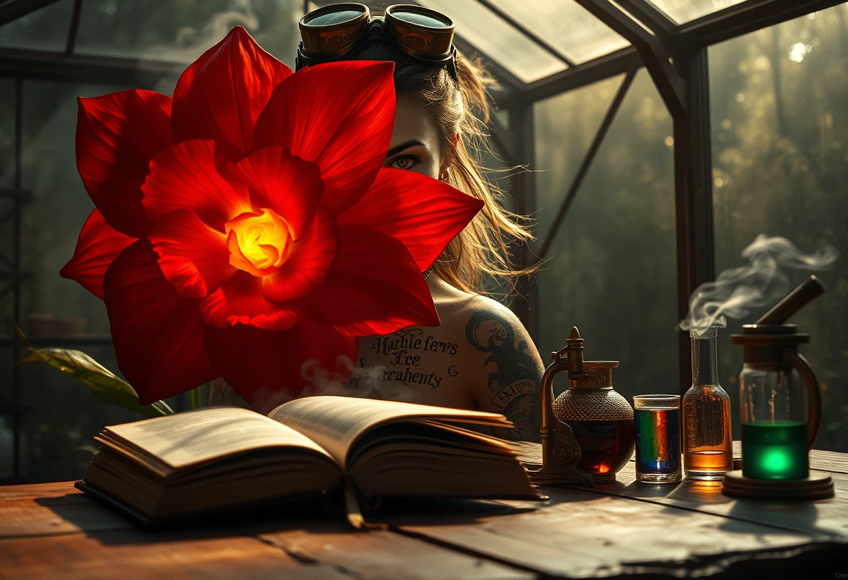 Steampunk alchemist woman with burning crimson flower