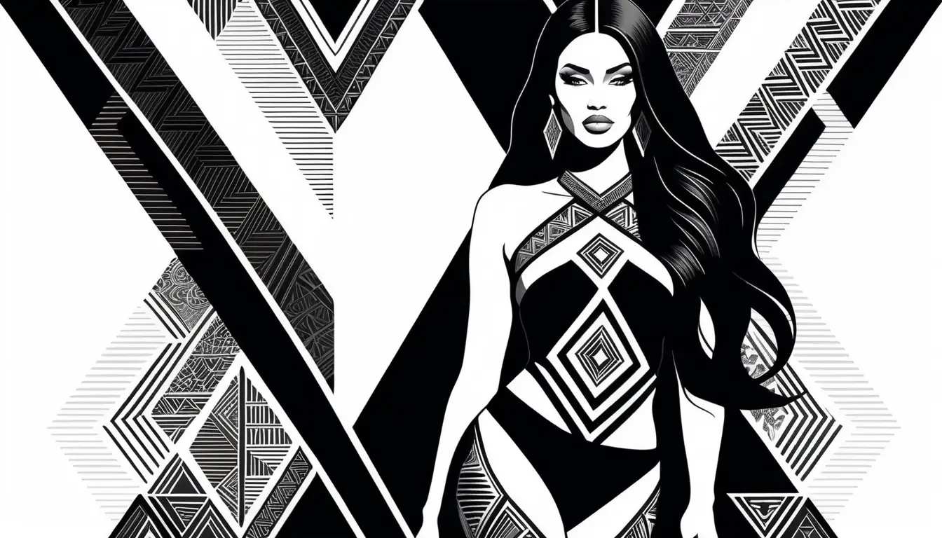 Modella di moda in blackwork su passerella tribale geometrica – illustrazione