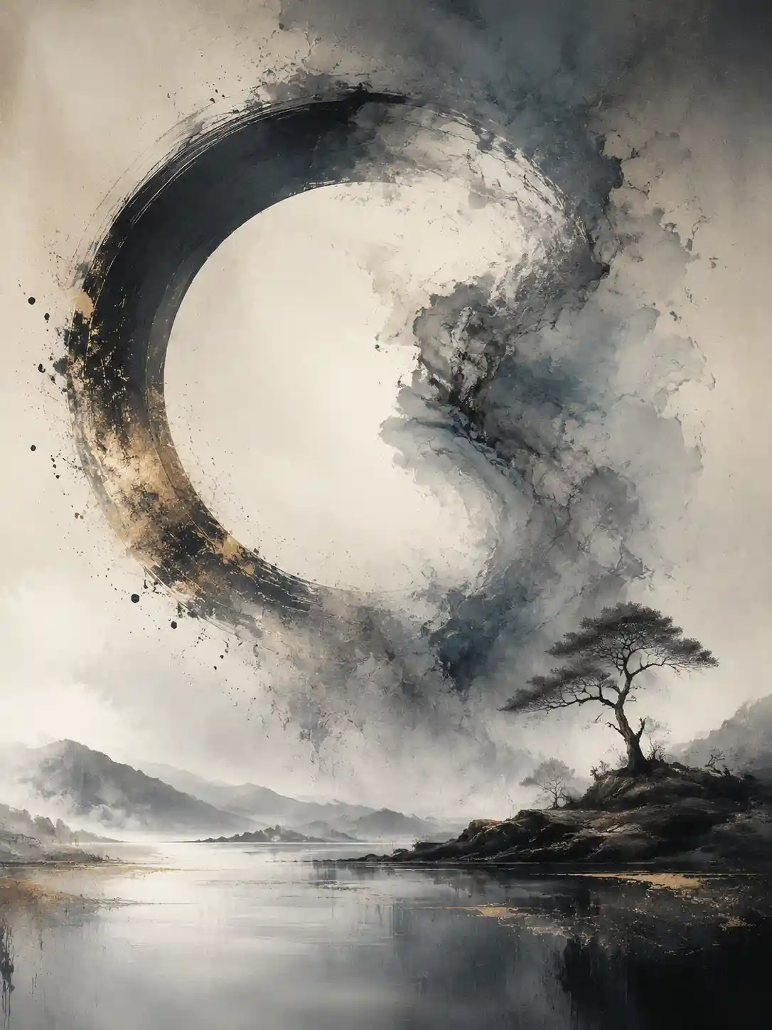 Abstract ink circle above still water with lone tree