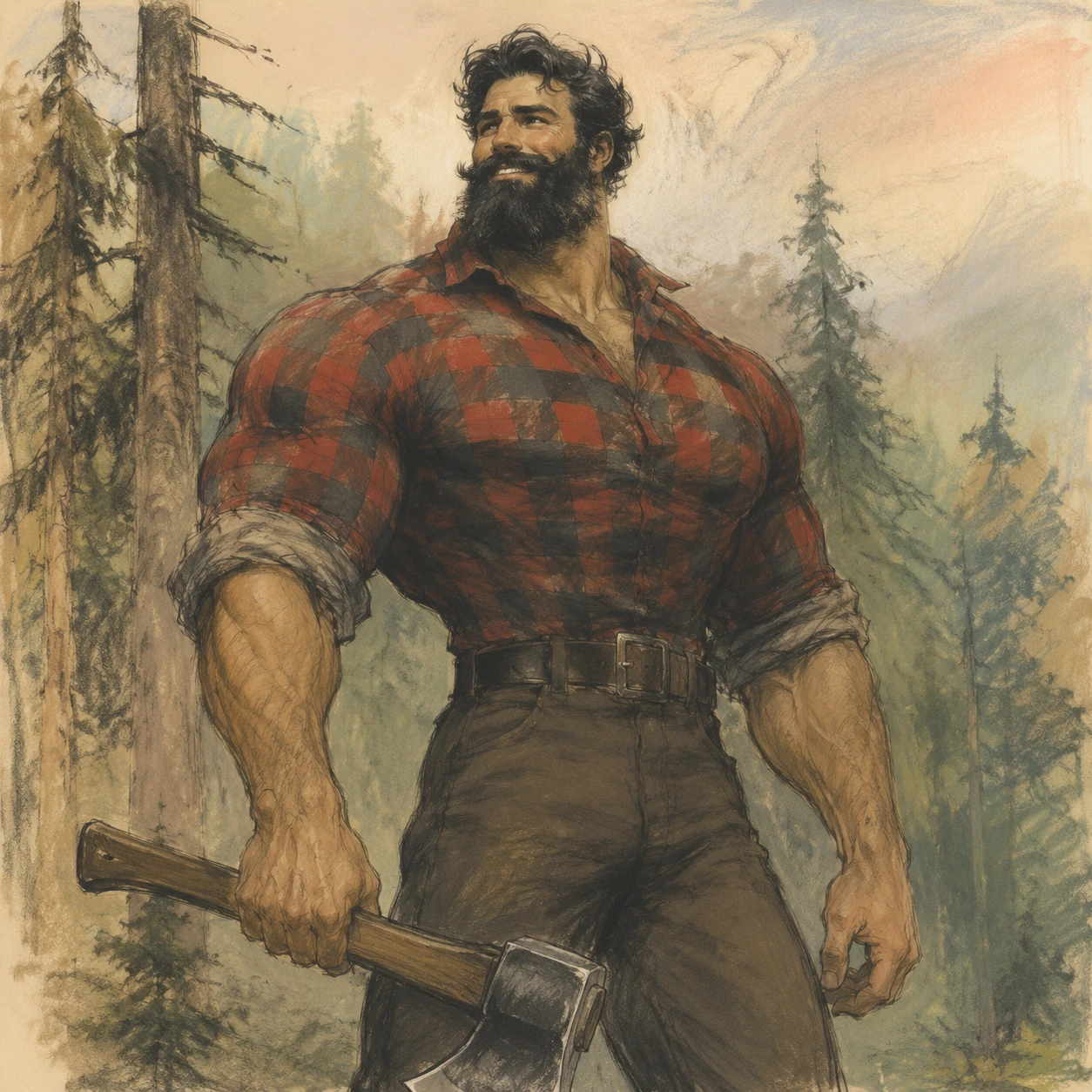 Smiling lumberjack with axe standing in a pine forest