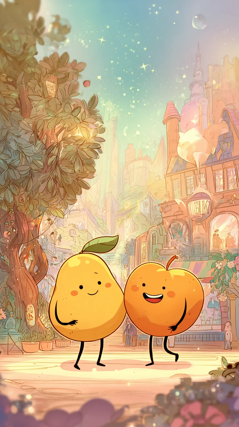 Smiling mango and apple friends in a glowing cityscape