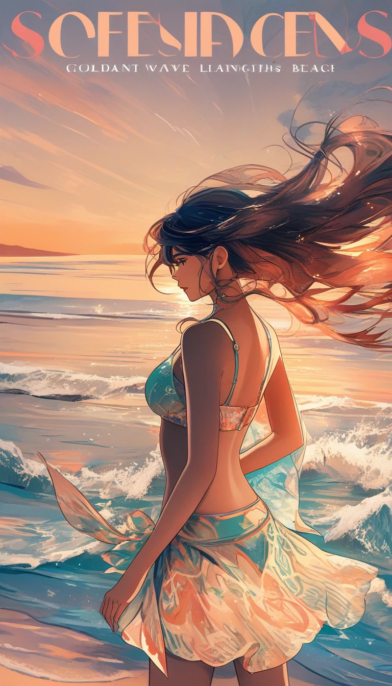 Stylized woman in bikini on a sunset beach illustration