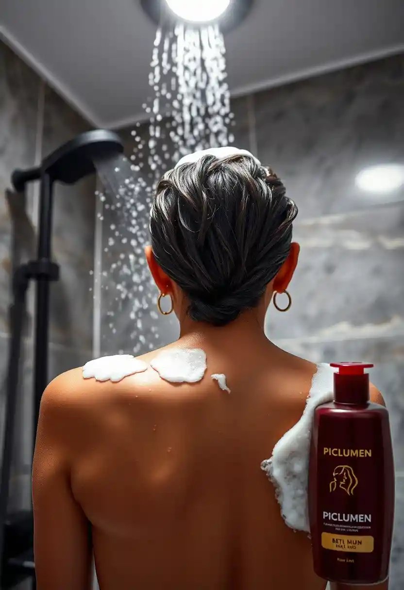 Arab woman showering with water droplets and soap suds