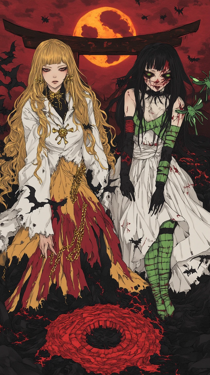 Two women in a cursed halloween ritual with yokai