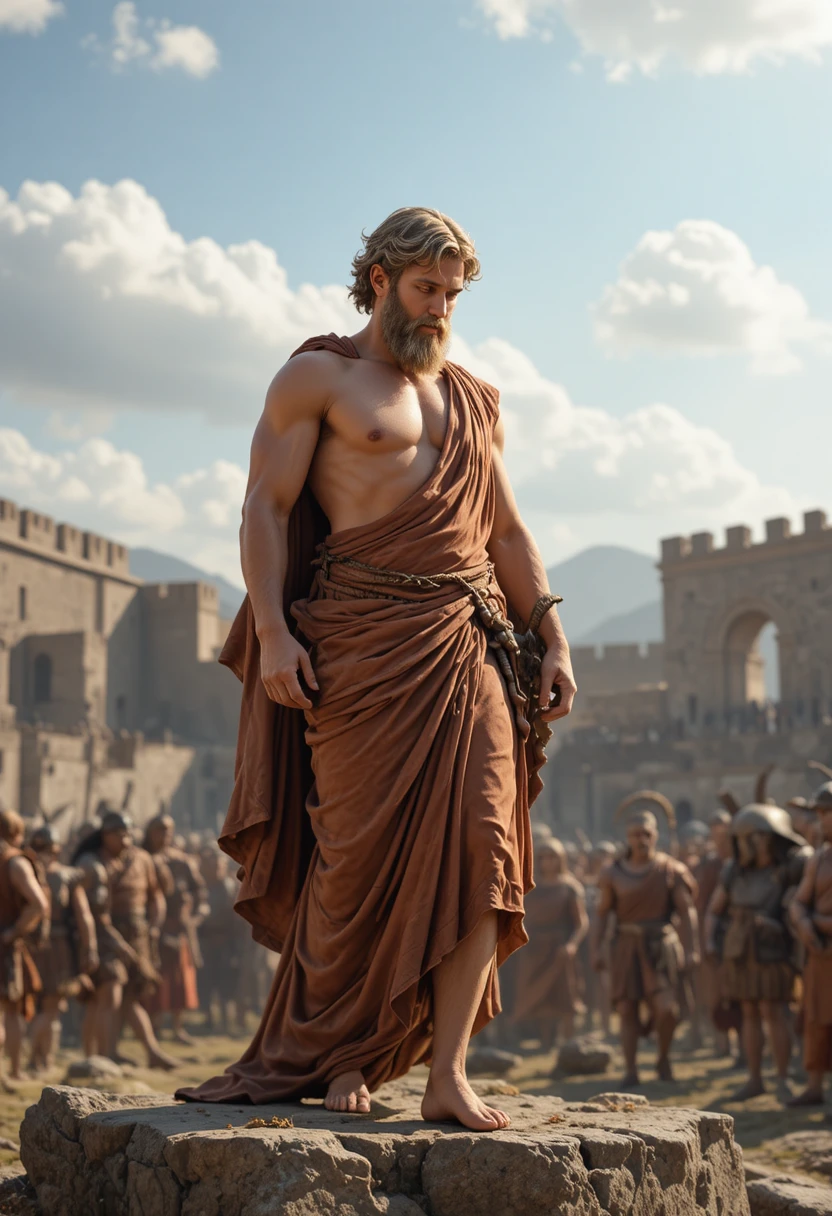 Odysseus speaking with eyes lowered before distant Troy