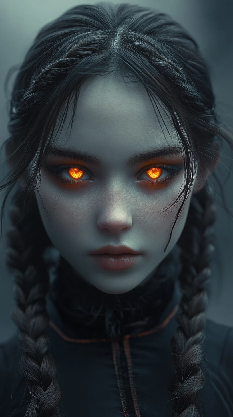Garota de anime gótica com olhos laranja brilhantes