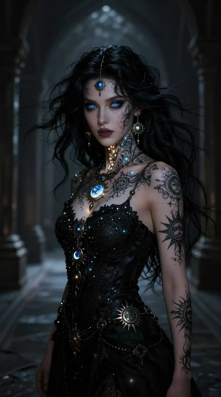 Mystical sorceress in a dark ancient corridor portrait