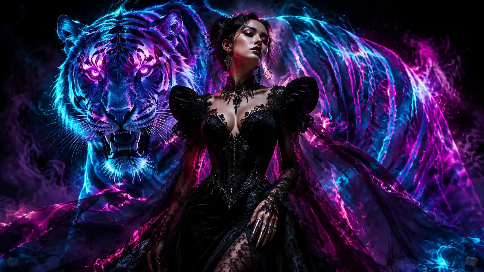Gothic fashion woman with neon tiger spirit behind her