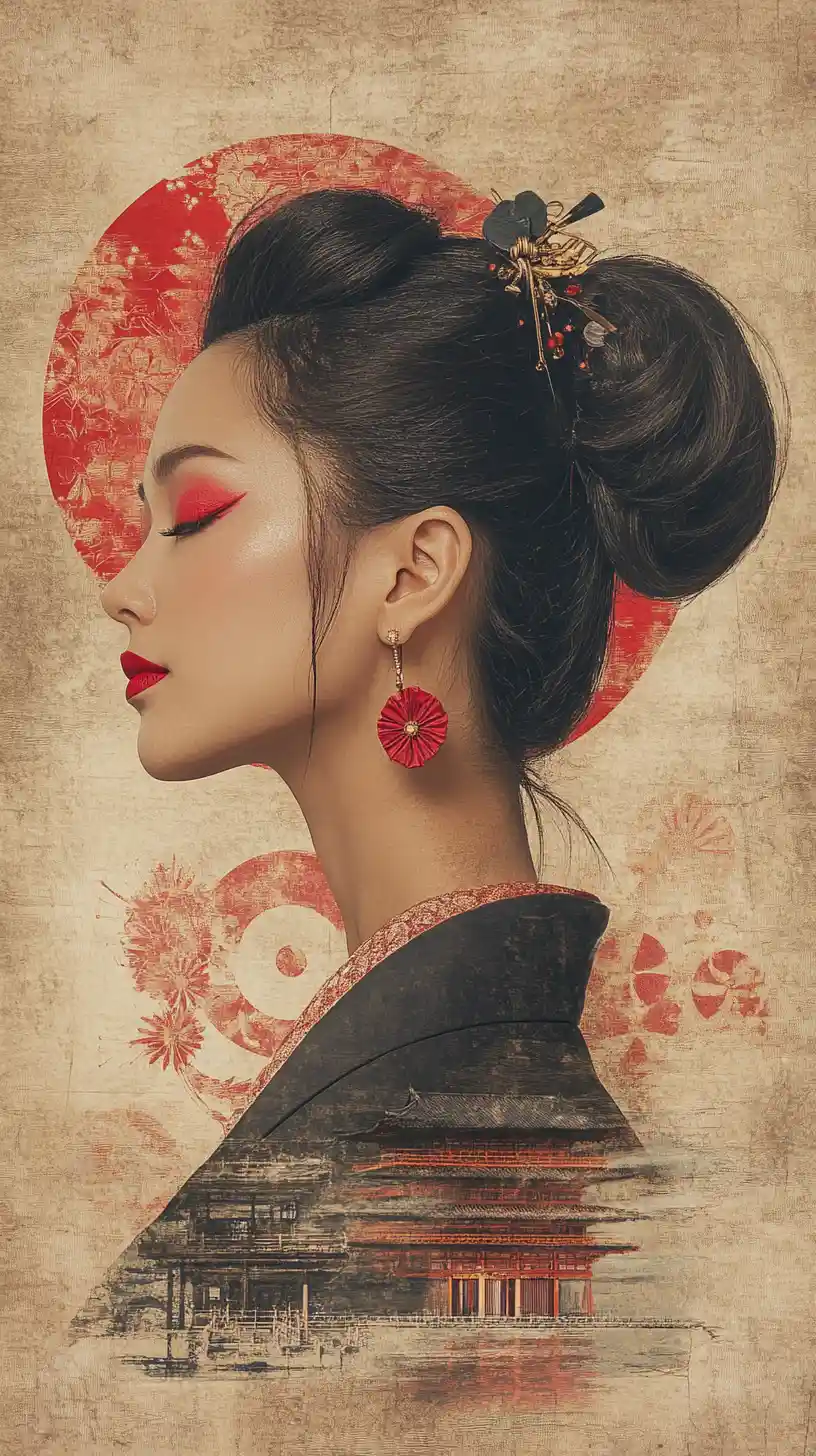 Serene profile of a red lipped woman in Japanese fantasy