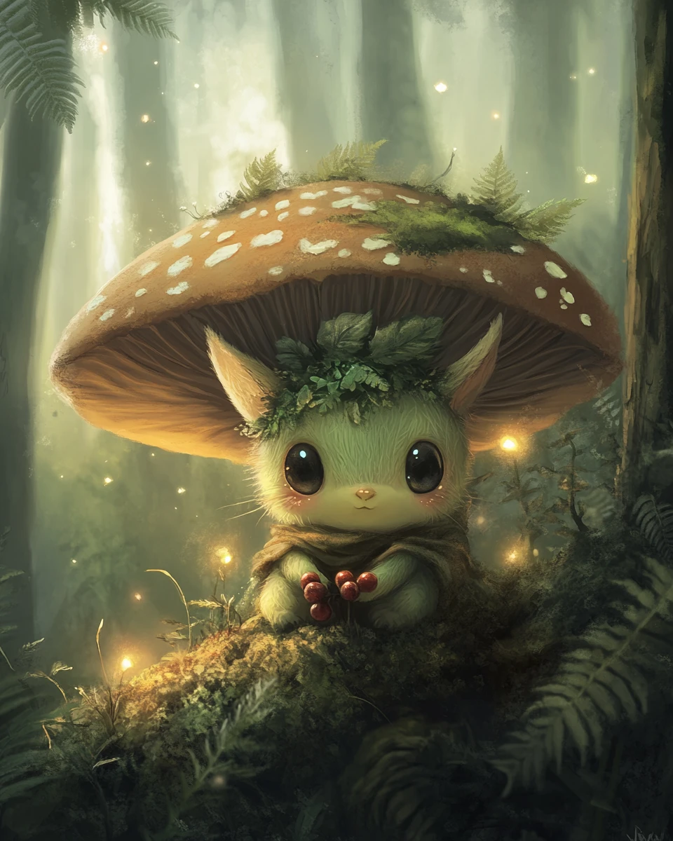 Shy forest creature peeking from behind a mossy mushroom