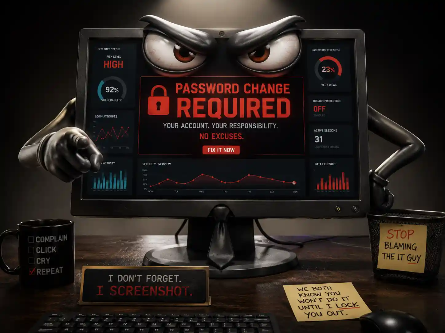 Angry computer monitor with password alert and data charts