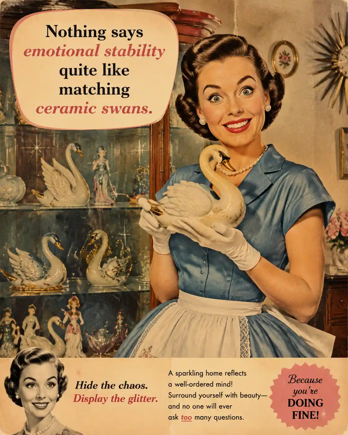 Fifties housewife in cheerful vintage advertisement scene