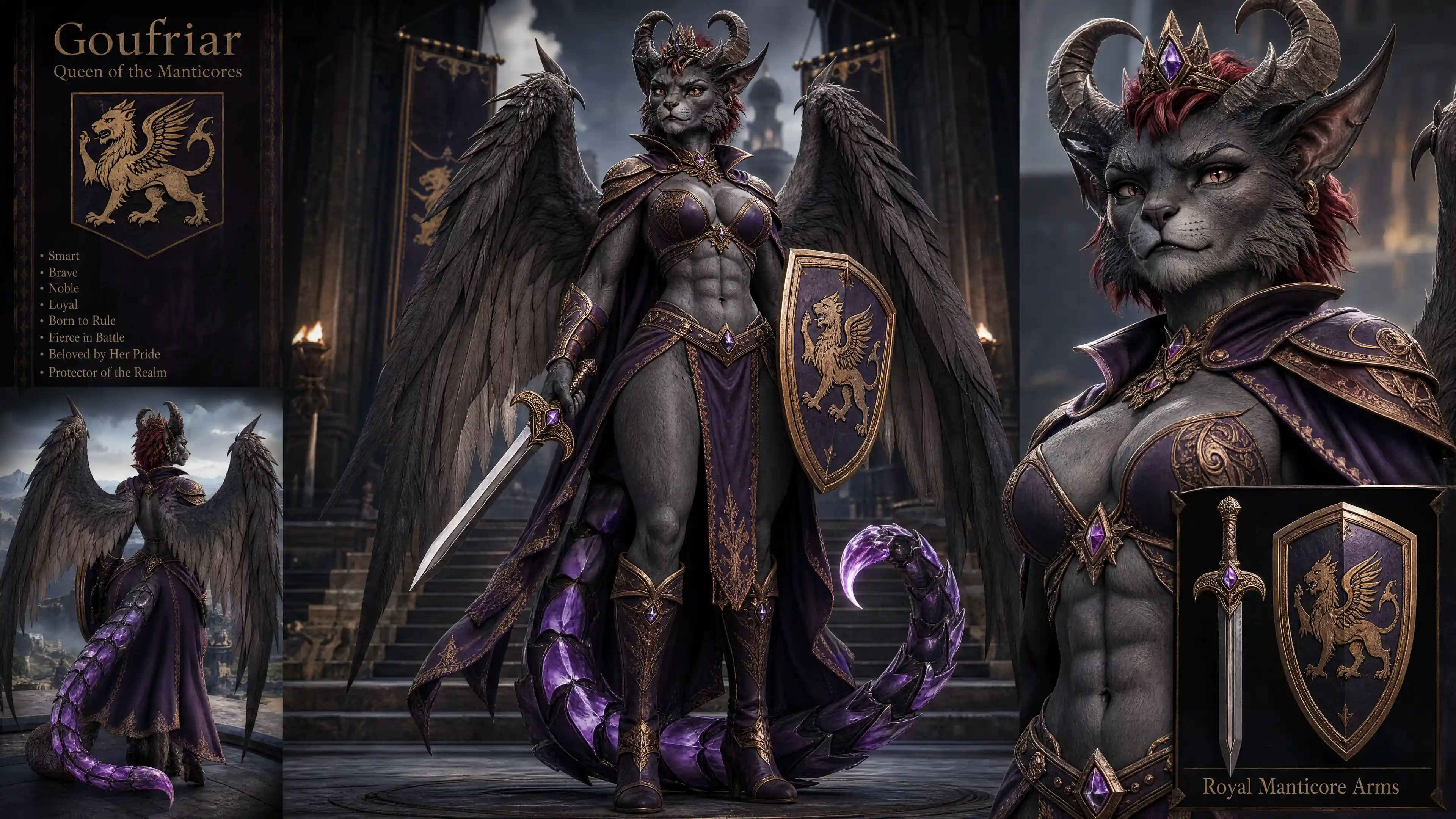 Winged manticore queen in regal armor with sword and shield