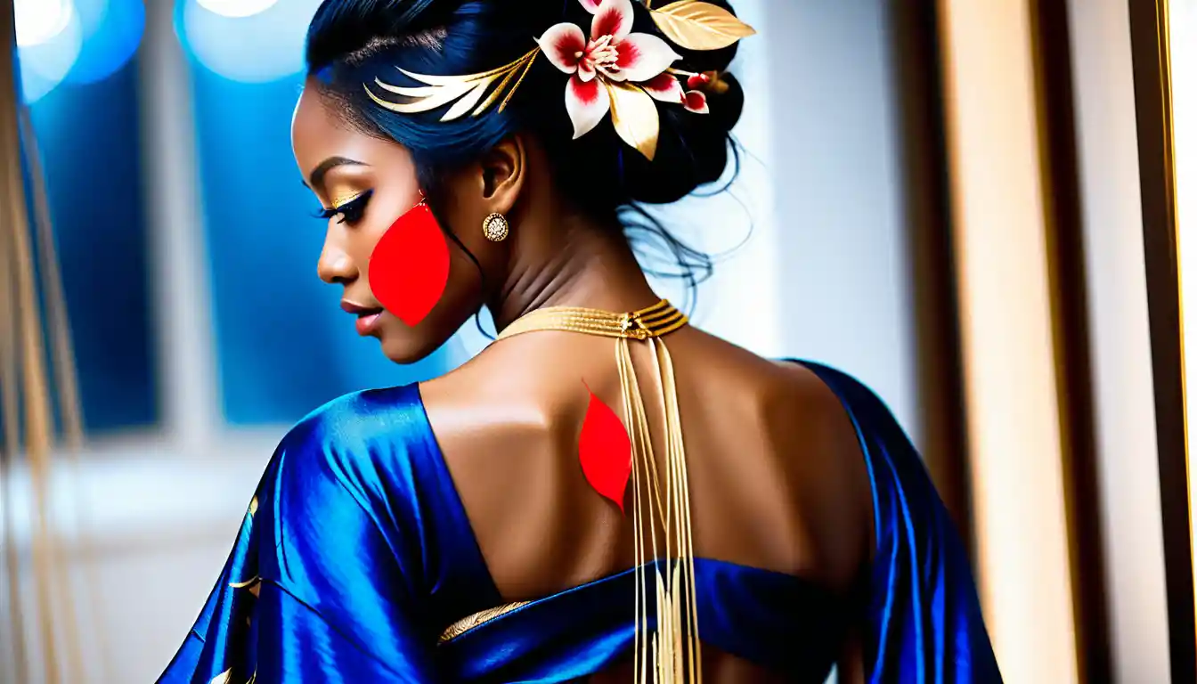 Elegant woman in blue kimono with bare back