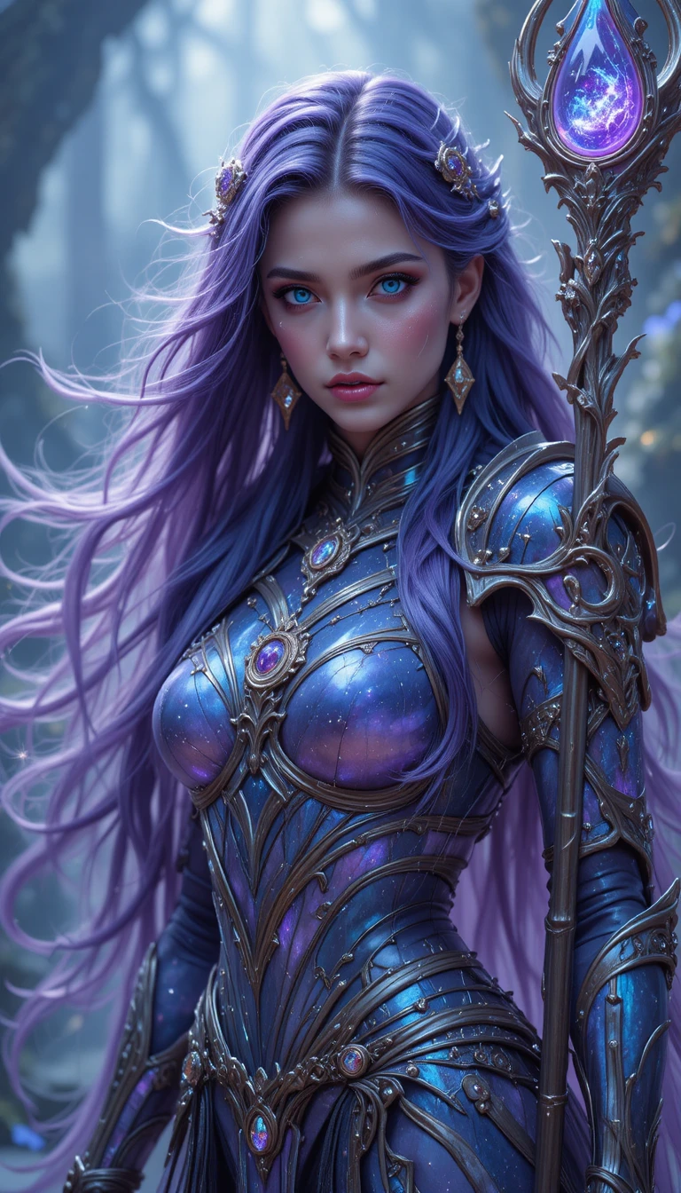 Ethereal fantasy warrior with galaxy staff in glade