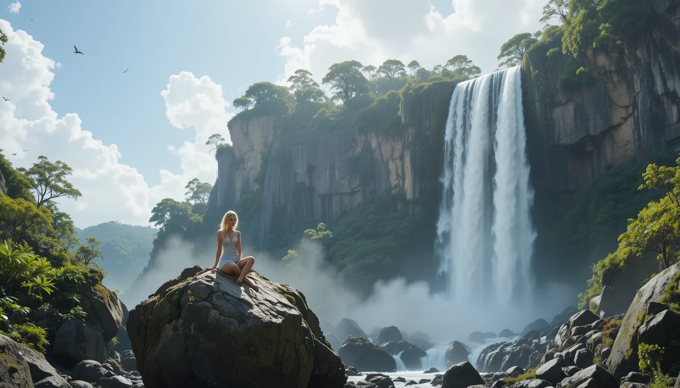 Girl on rock admiring tall waterfall in lush forest