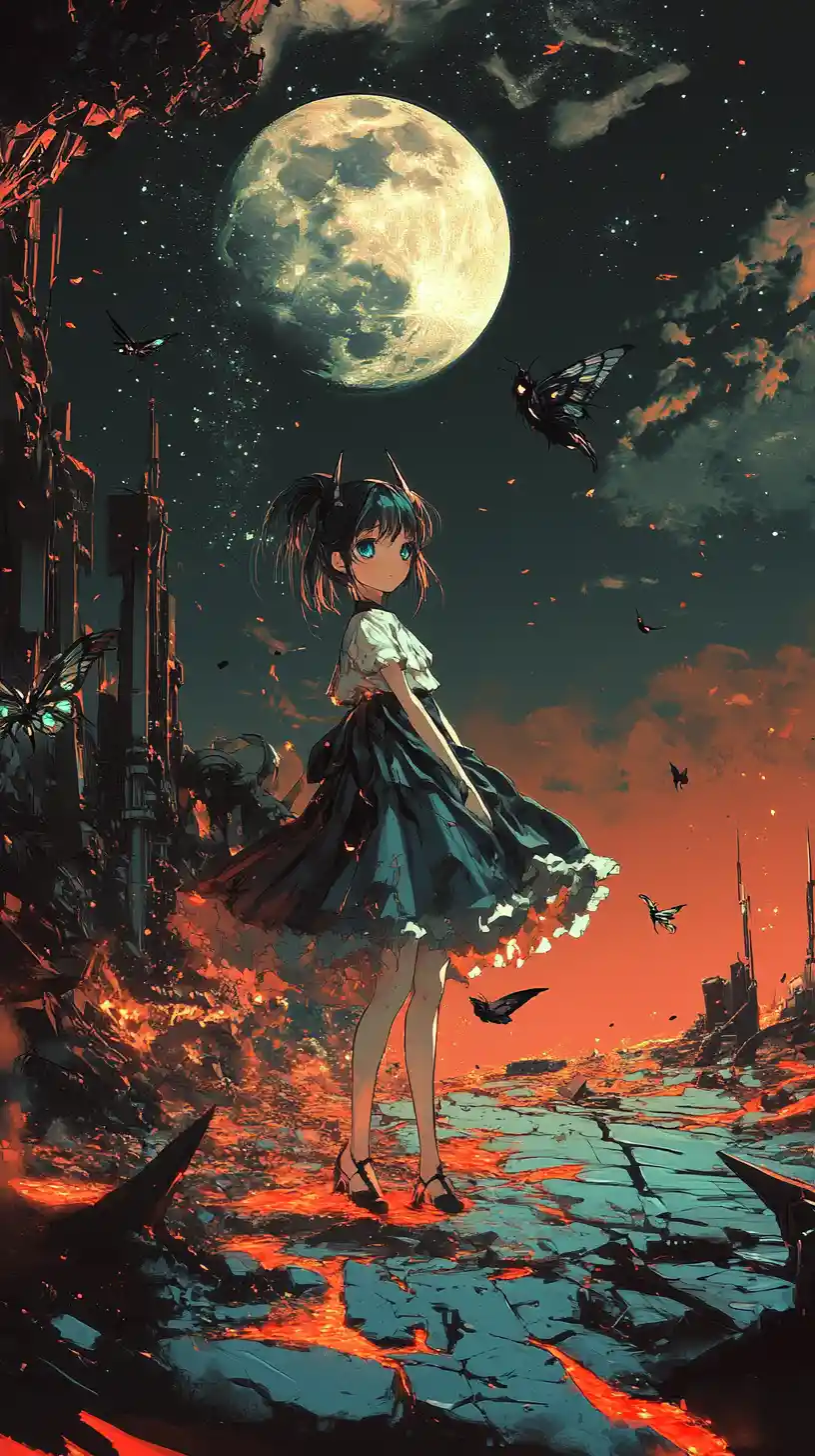 Anime girl lying in lava under a dark red moonlit sky