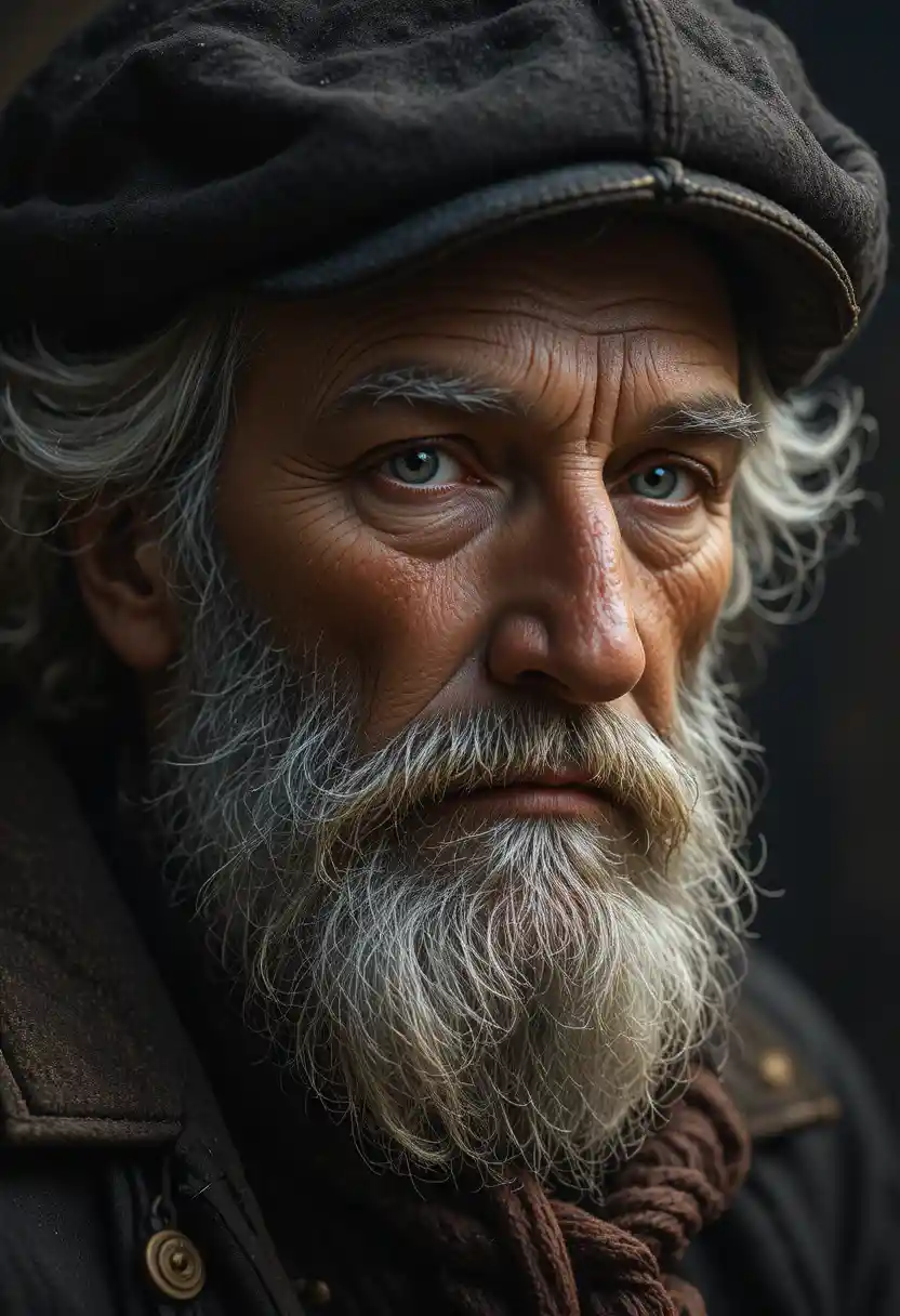 A weathered old shepherd in a dramatic oil portrait