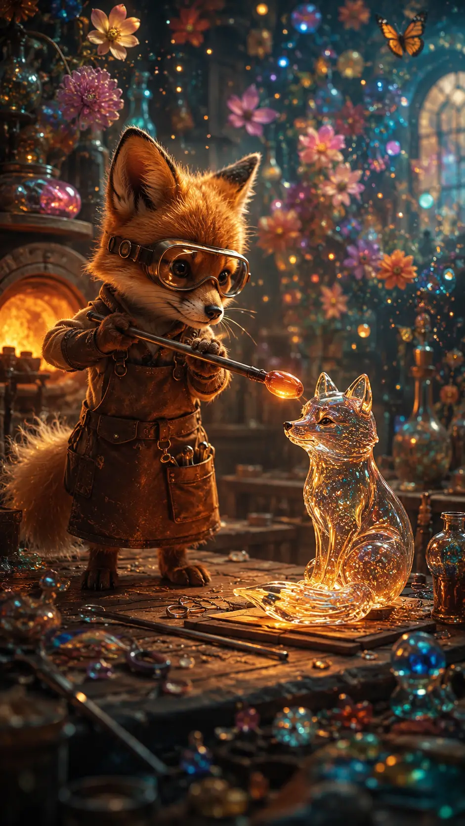 Fox artisan shaping glowing glass in warm workshop