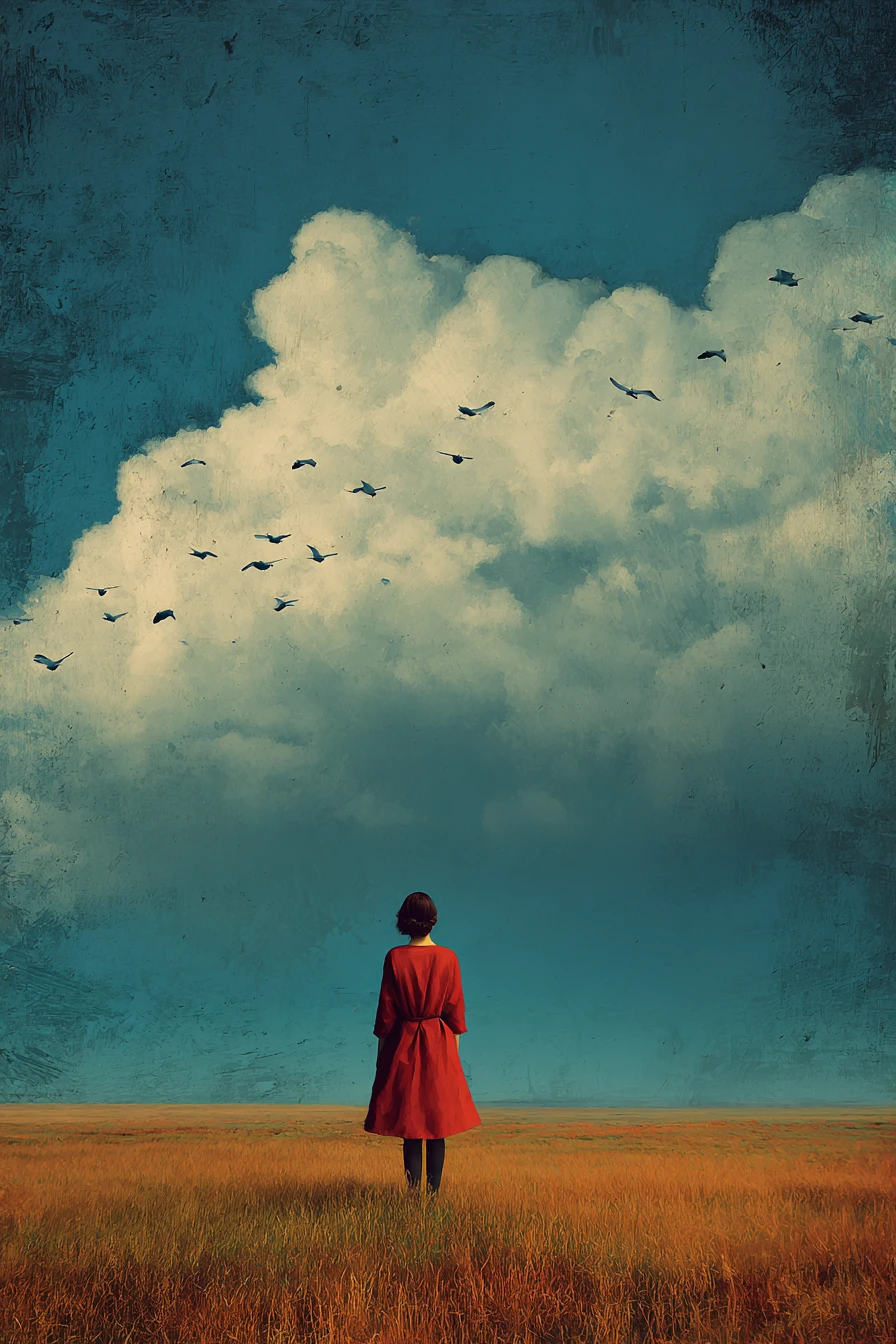 Surreal introspective fantasy scene in vivid rich pop colors