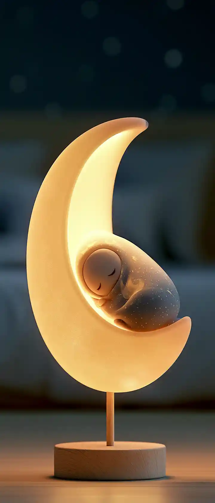 Anime crescent moon night light with sleeping child