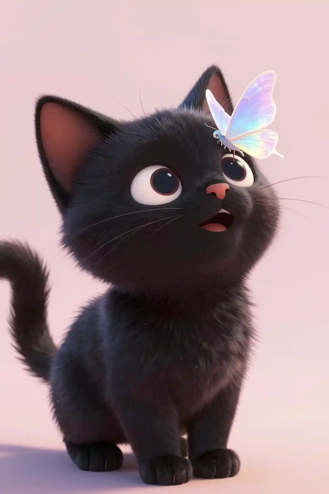 Playful black kitten with fairy on its nose in pastel scene