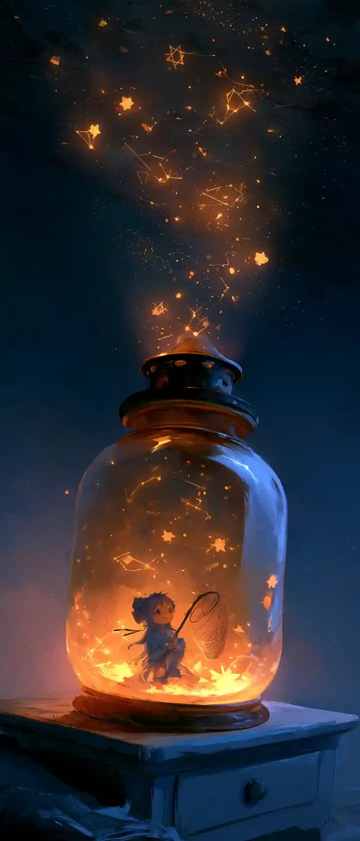 Anime lantern night light casting stars on bedroom ceiling