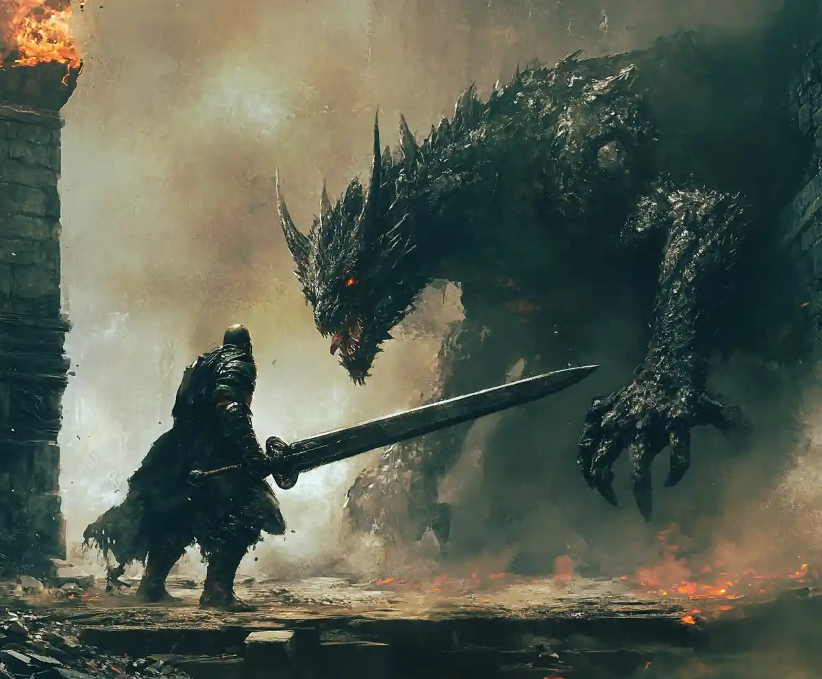 Medieval knight facing a colossal dragon on ruined stone ground