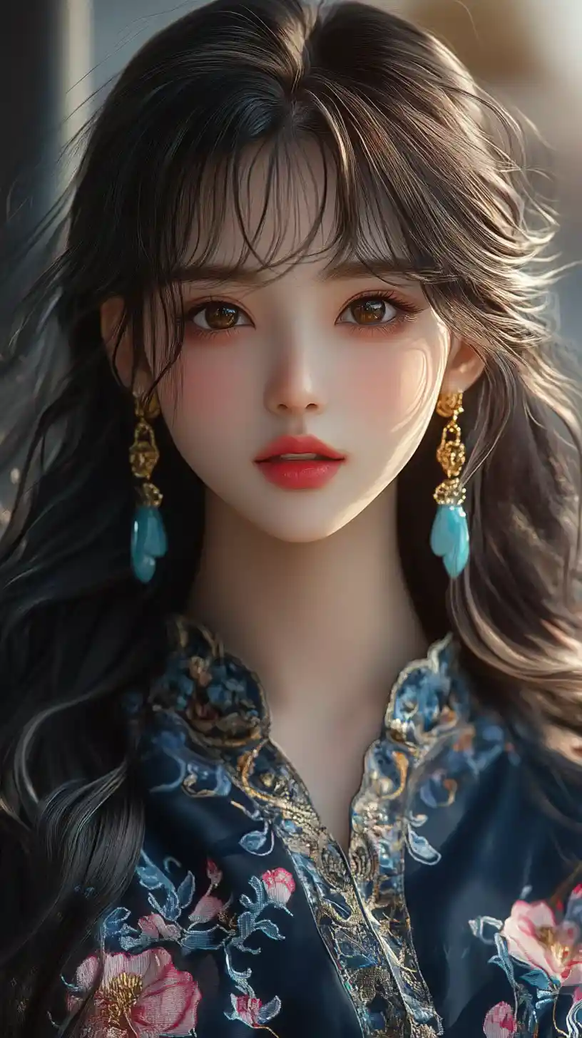 Anime portrait of an elegant Asian woman in floral blouse