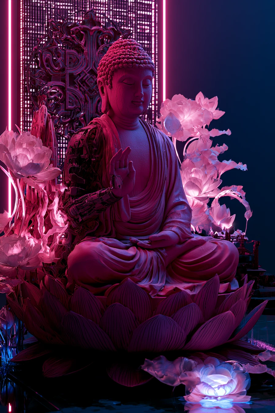Cyberpunk Buddha Meditating On A Dark Pink Lotus