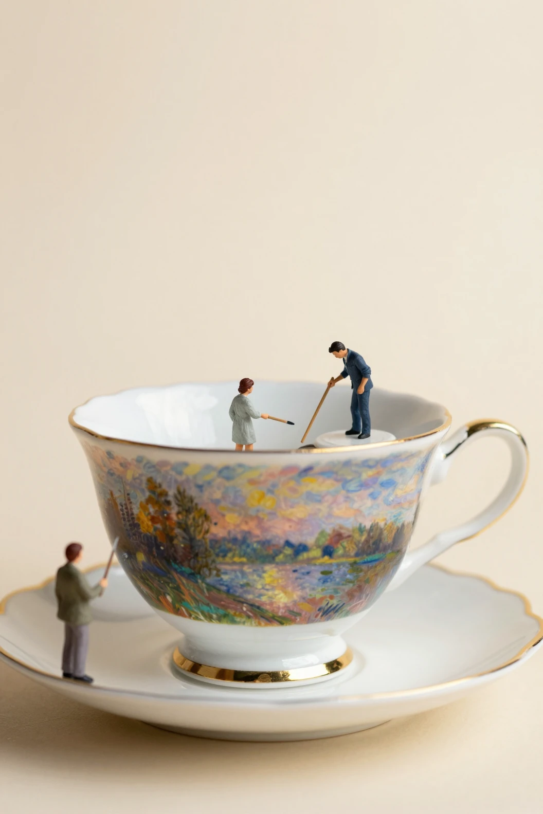 Miniature painters creating art on a vintage teacup surface