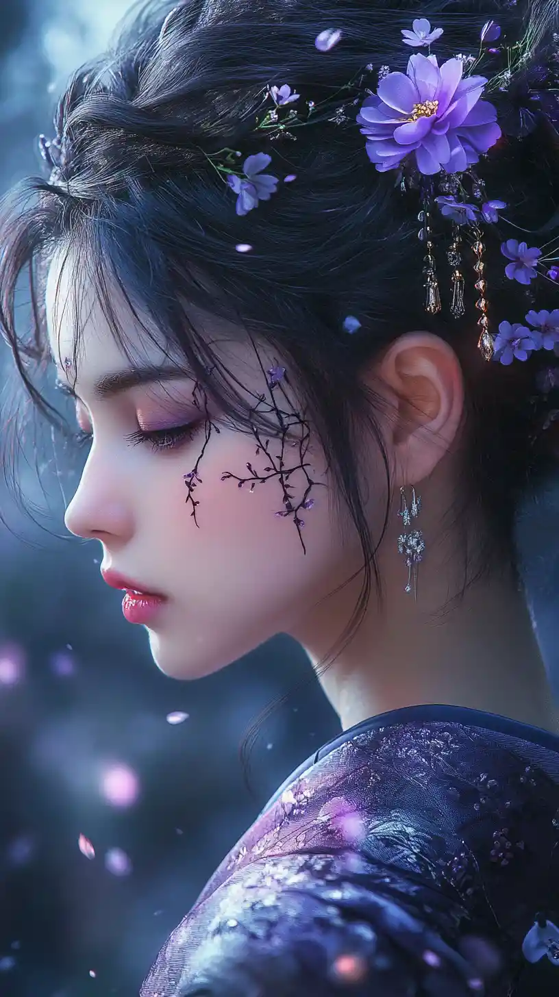 Melancholic woman in floral kimono in an ethereal forest