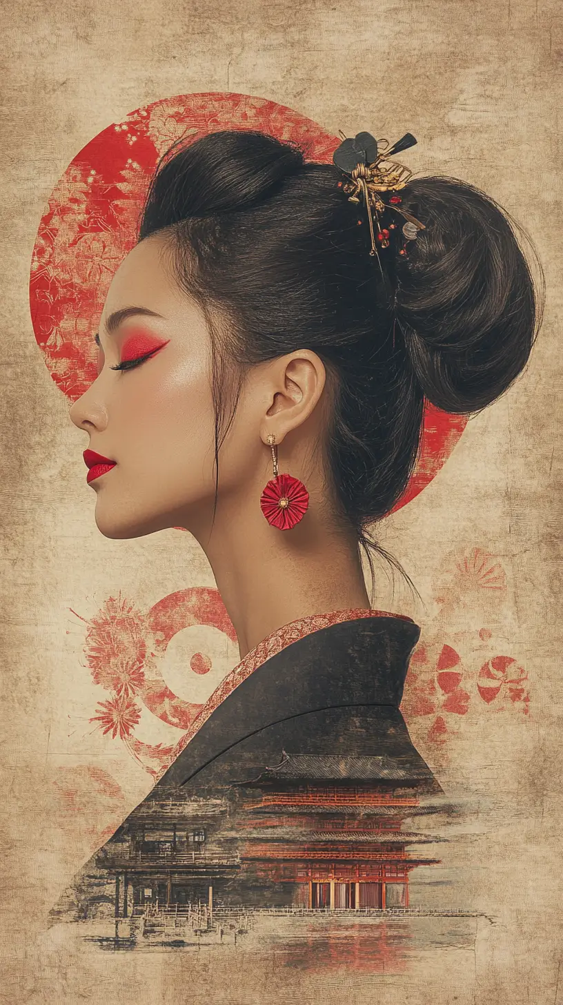 Serene profile of a red lipped woman in Japanese fantasy