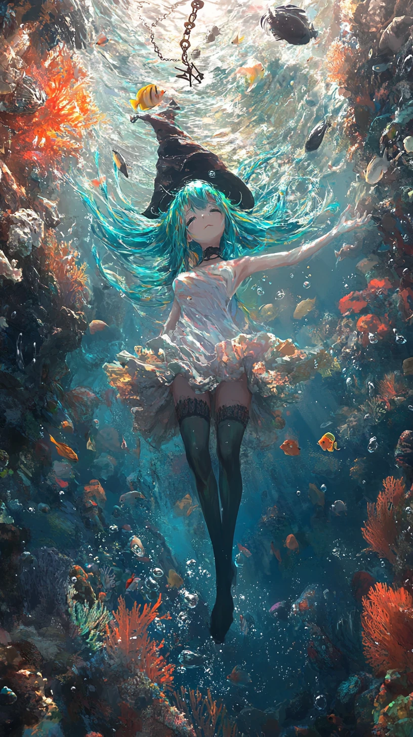 Ragazza anime che fluttua sopra una colorata barriera corallina