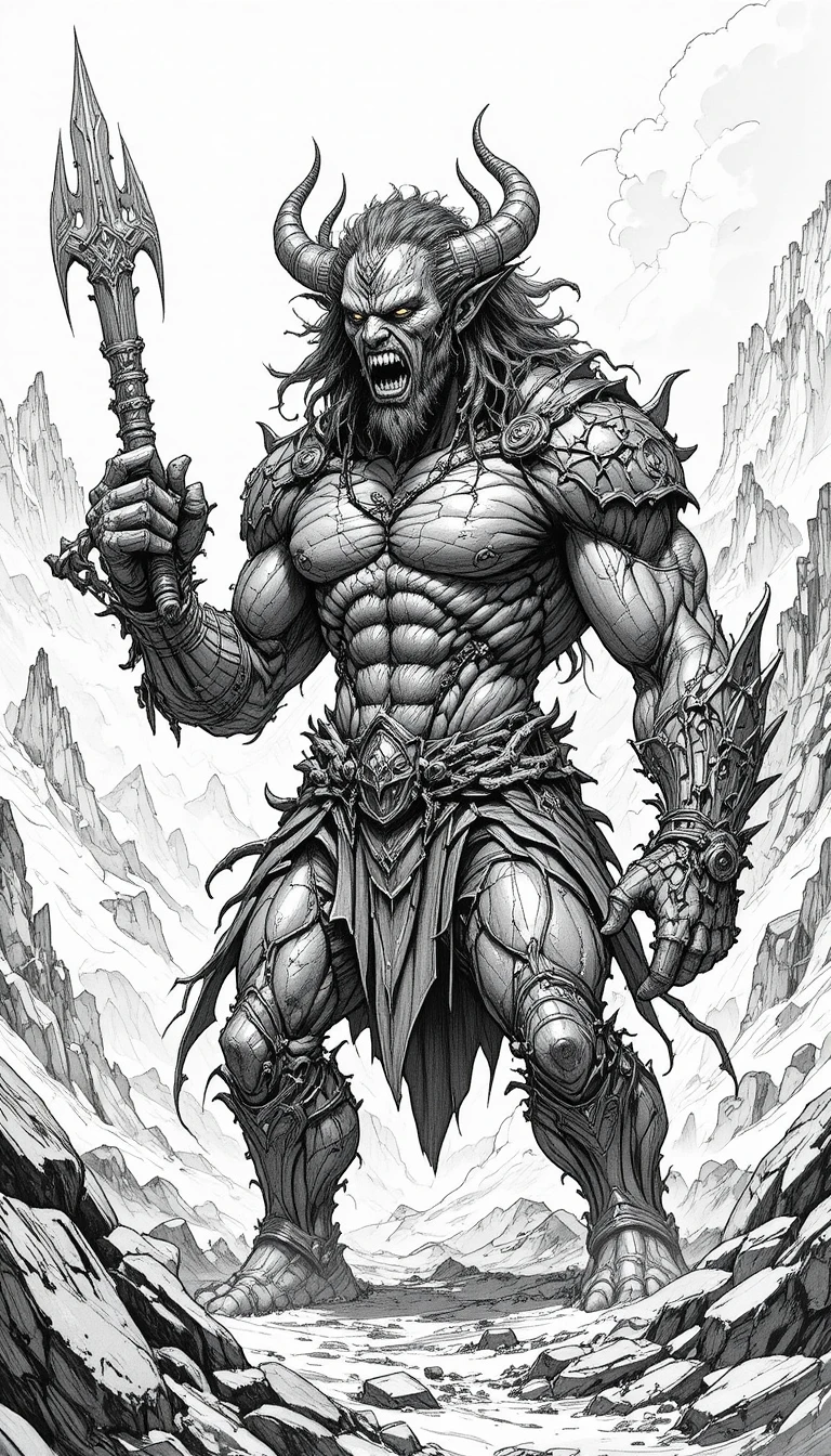 Hyperrealistic demon warrior in a desolate rocky landscape