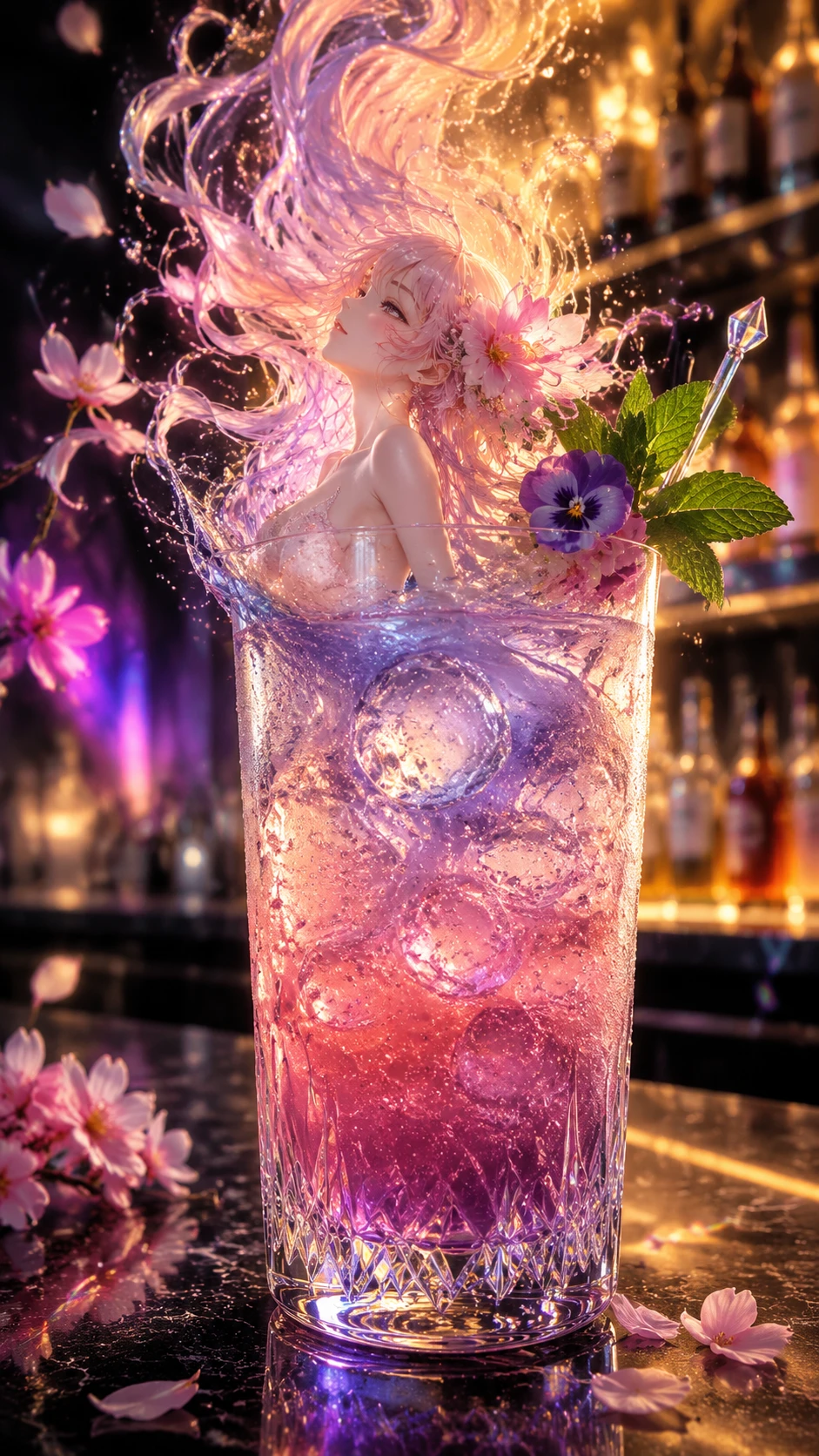 Chica de anime emergiendo de una copa de cóctel de cristal