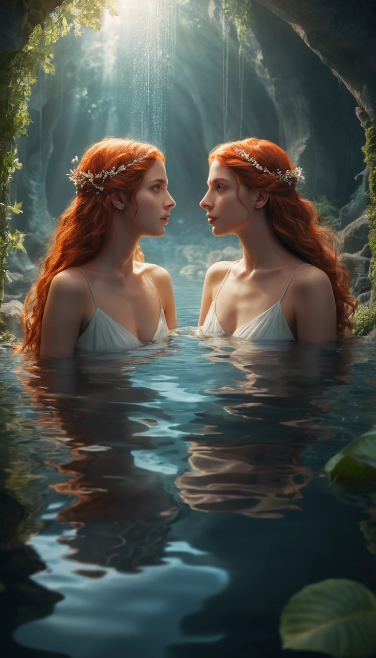 Two red haired women kissing under a warm shower