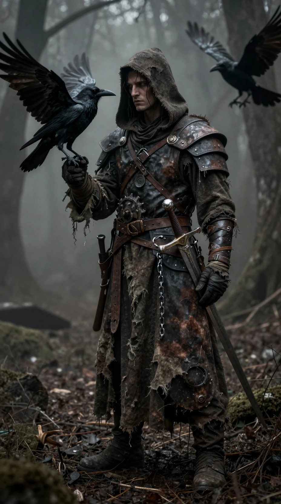 Hooded wanderer with raven in a misty haunted forest