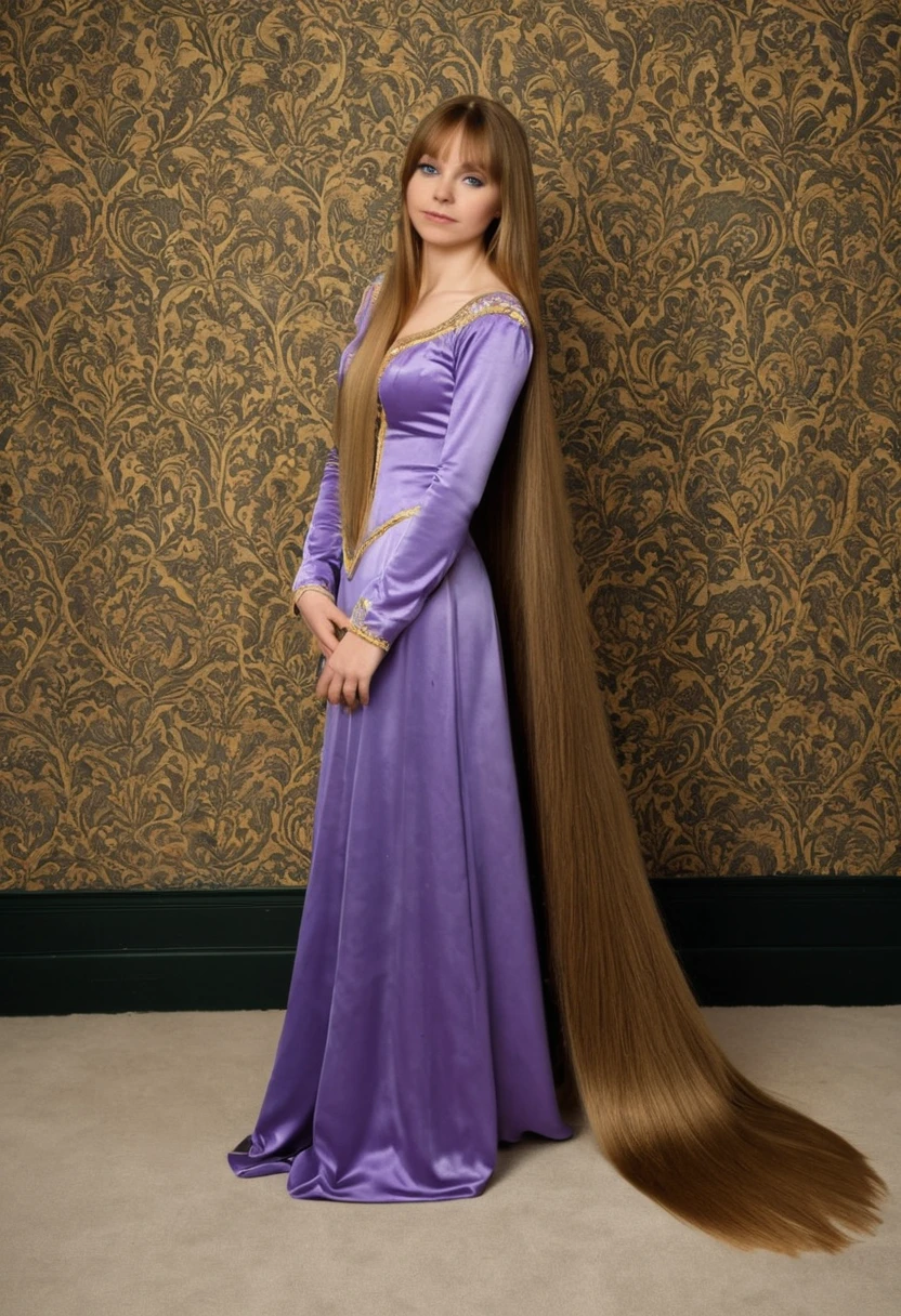 Smiling woman with extremely long silky hair in side profile