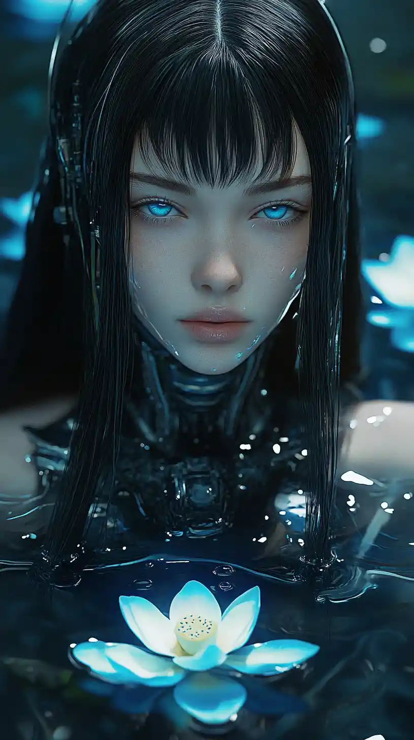 Cyborg woman with blue eyes in glowing lotus garden