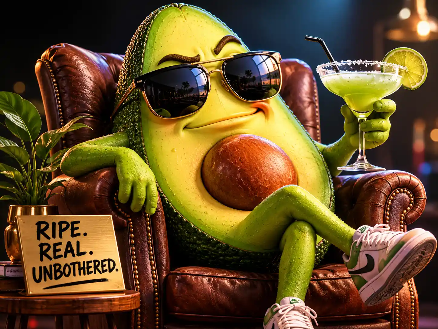 Smug avocado character in sunglasses under dramatic spotlight