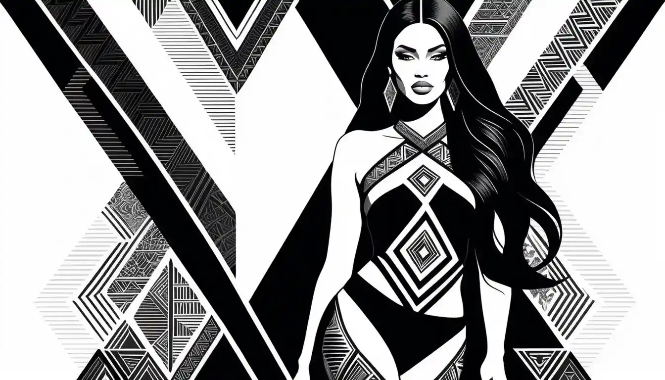 Blackwork fashion model on geometric tribal runway illustration