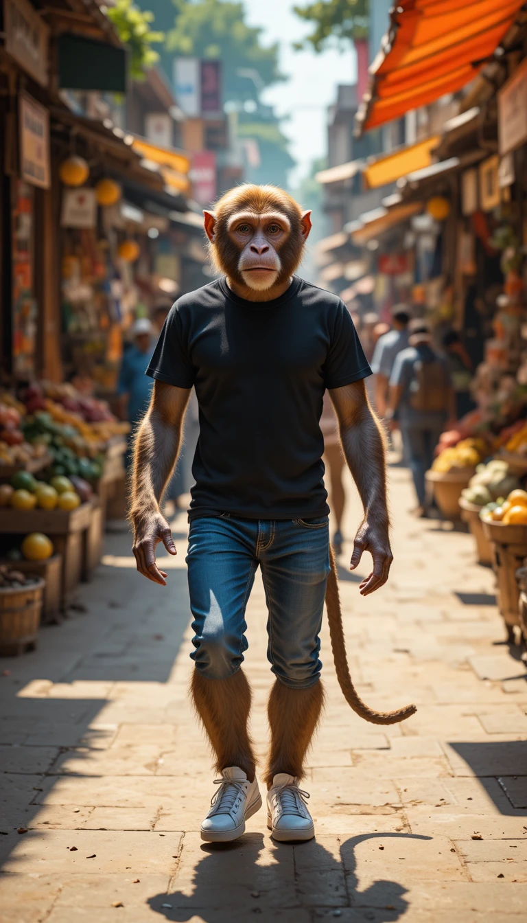 Realistic monkey walking upright in a busy street market