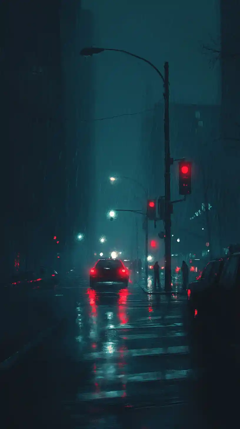 Glowing streetlights along a quiet city street at night