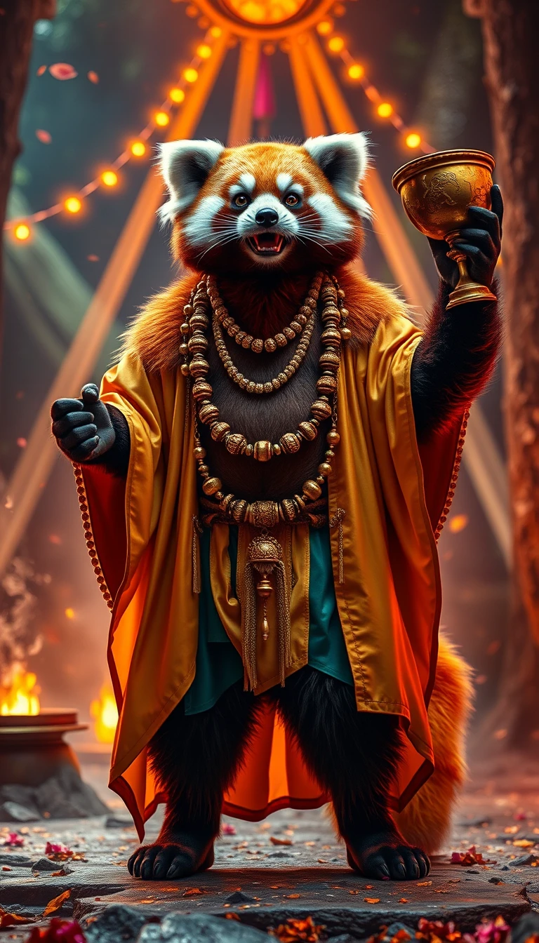 Anthropomorphic red panda deity celebrating in neon forest