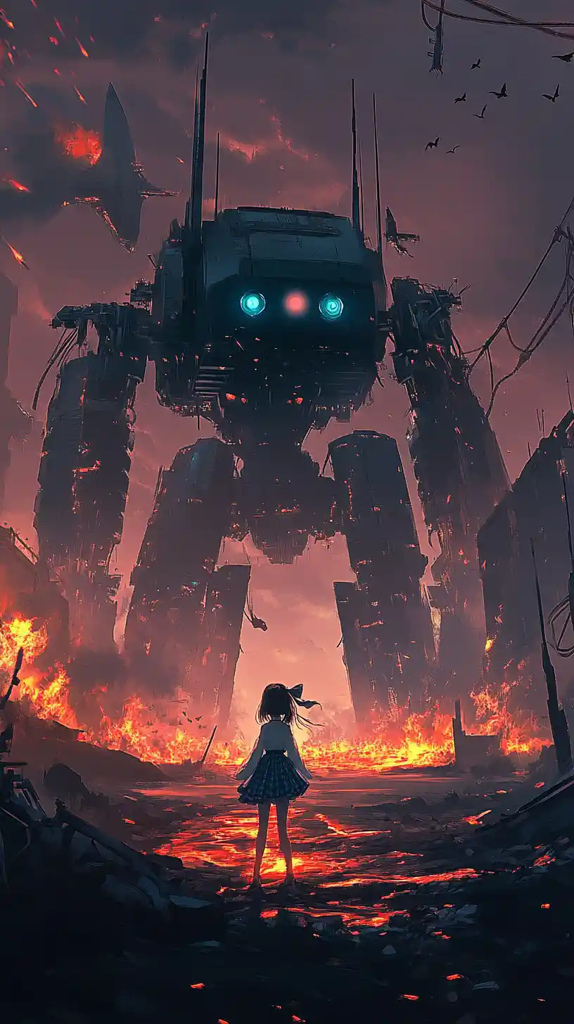 Anime girl lying in lava beneath a dark red sky