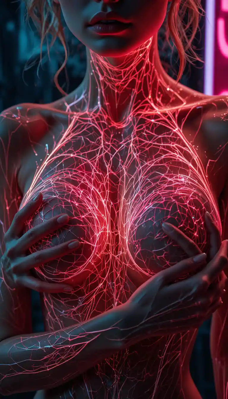 Close up of pale female chest with visible blue veins