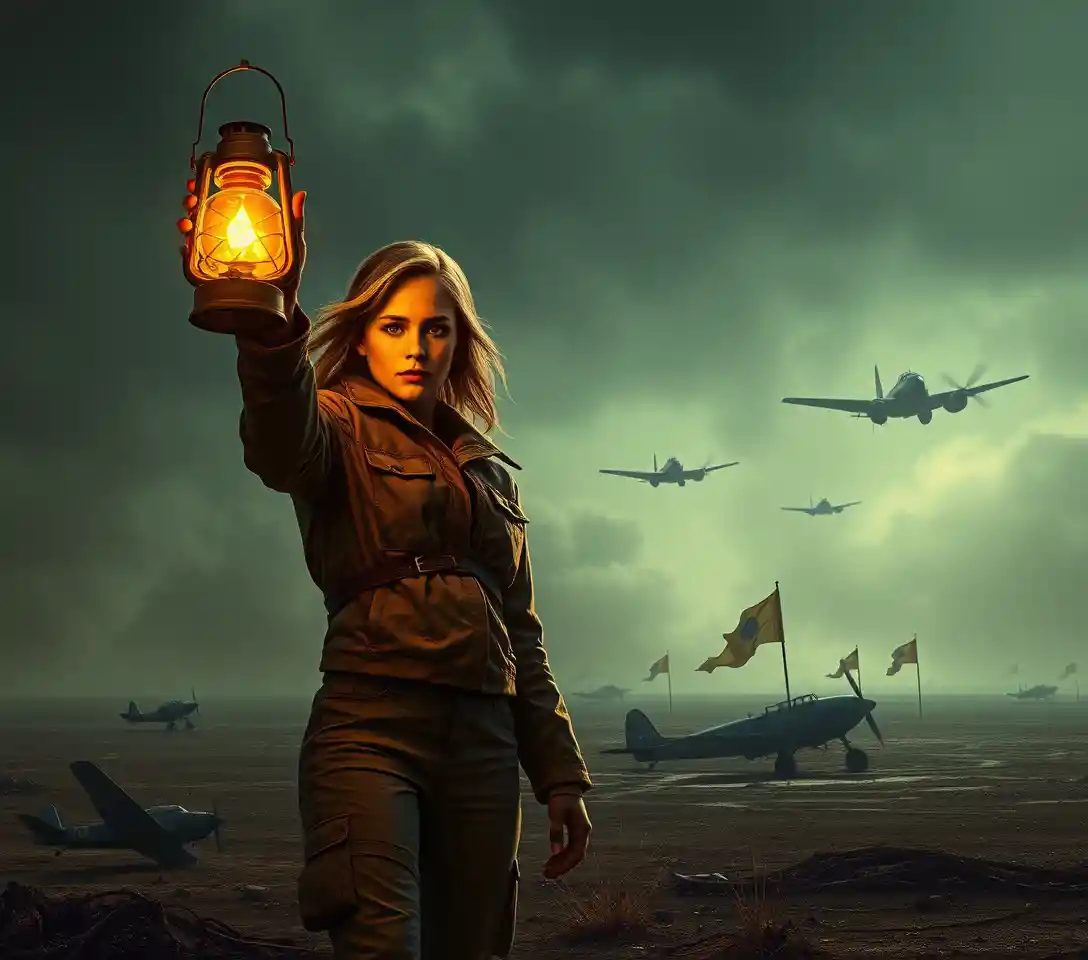 Woman with lantern in a foggy post apocalyptic wasteland