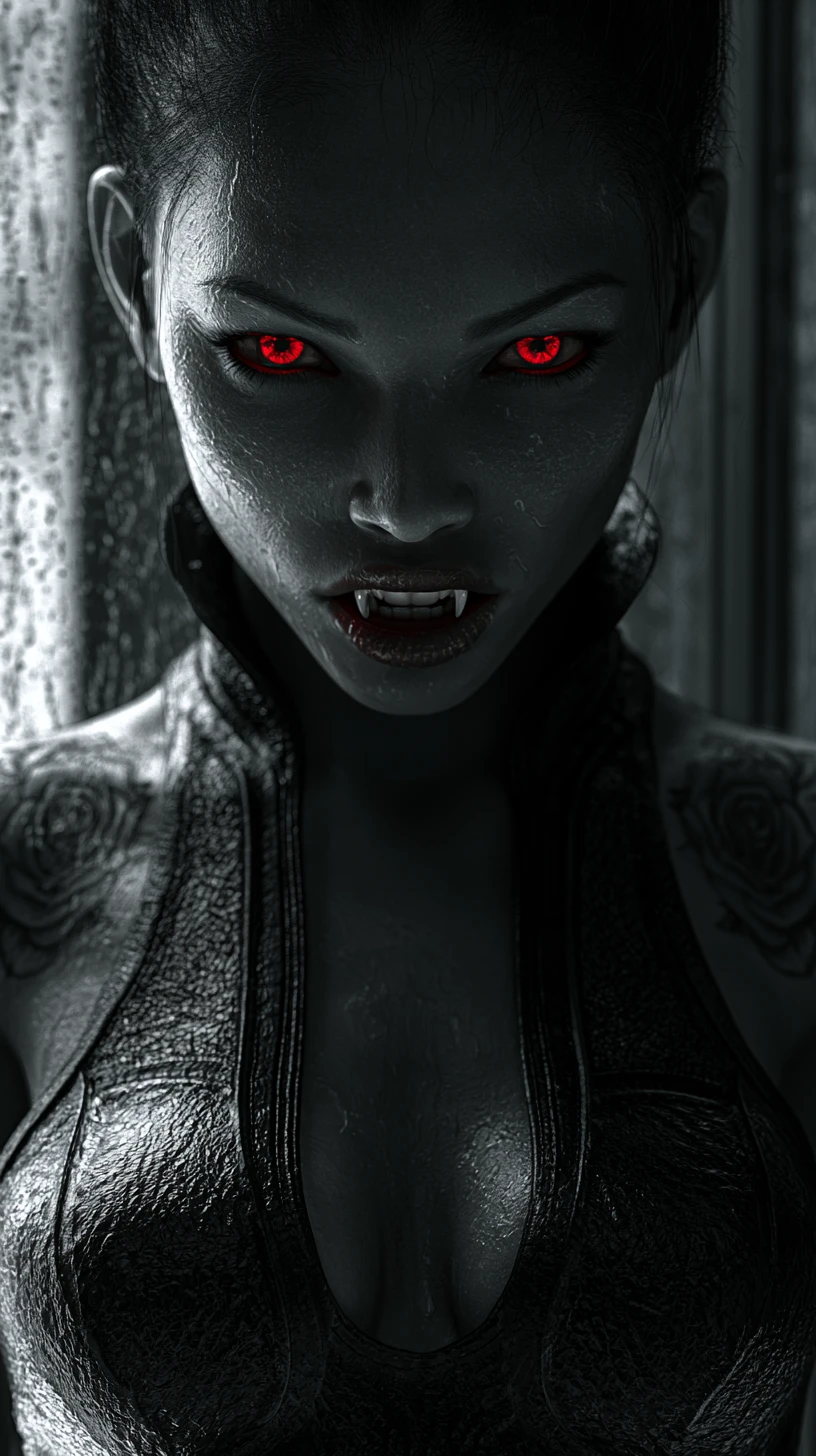 Vampire woman close up with piercing red eyes